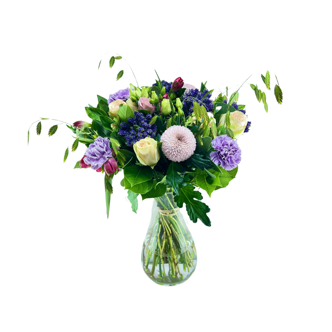 Høj og luftig buket i lyserøde og lilla nuancer