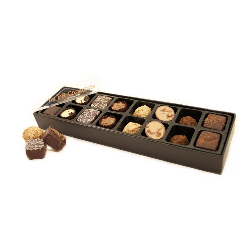180g 16 stk. Fyldte chokolader i sort aflang kartonæske