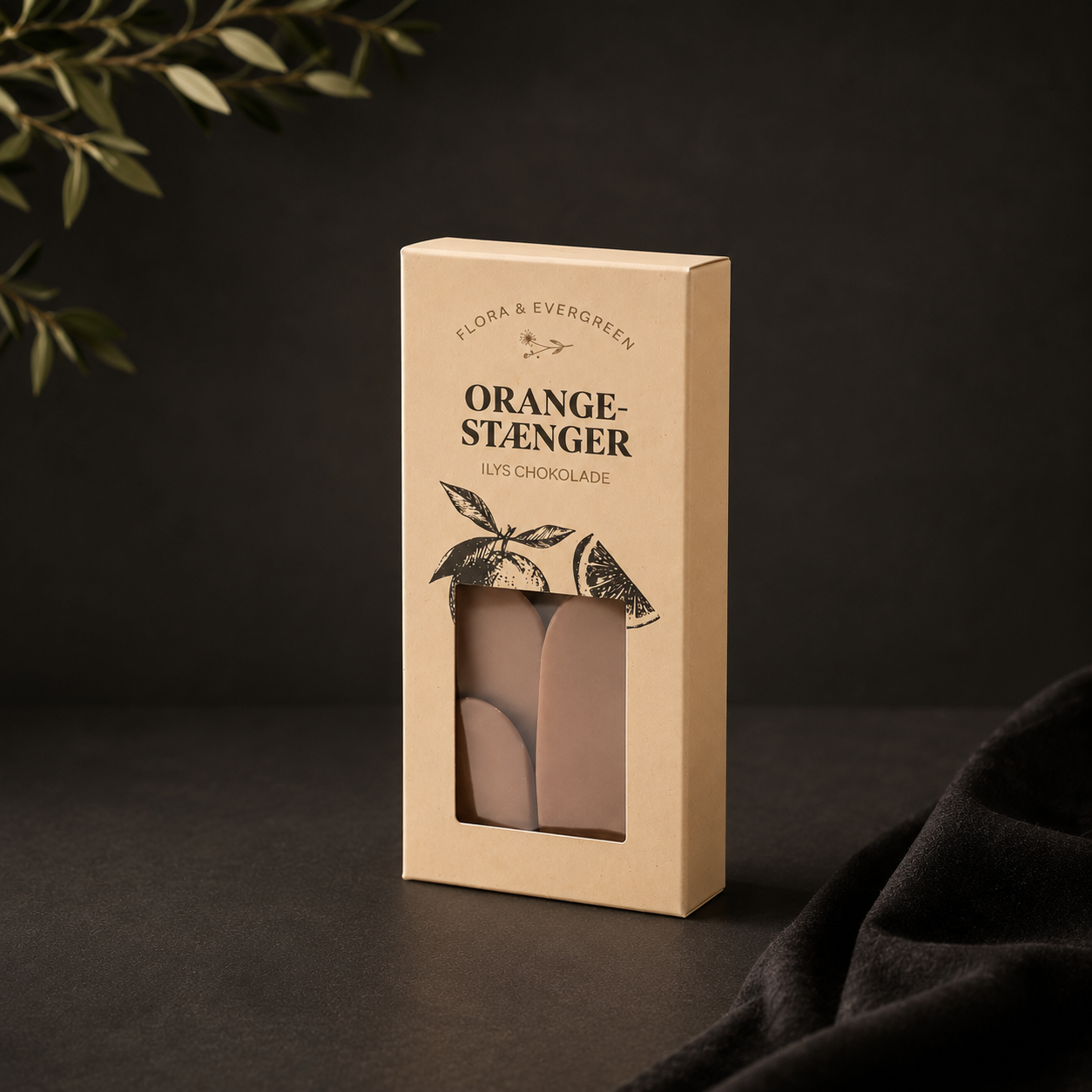 "Orange-Stænger i lys chokolade"
