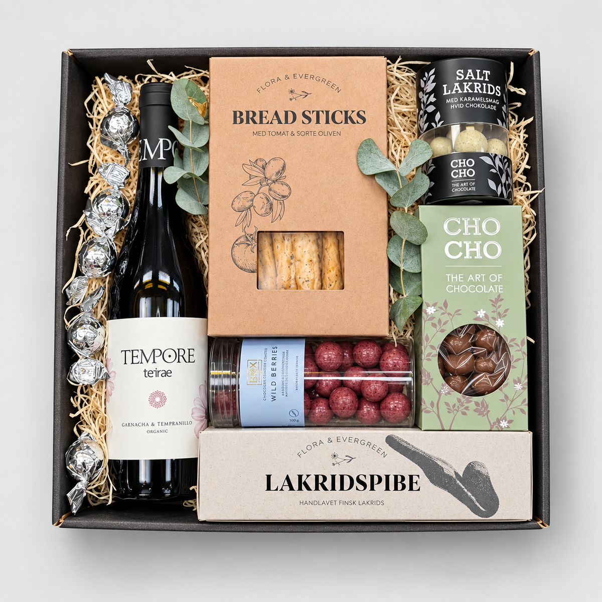 Gavekurv med vin,lakrids,chokolade