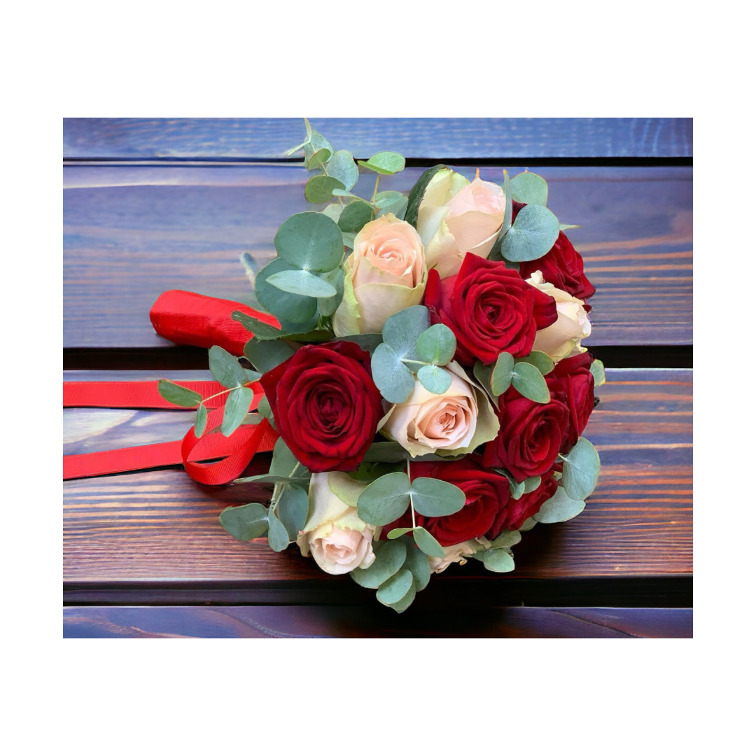 Brudebuket med rød red noami roser og lyserøde adrian roser