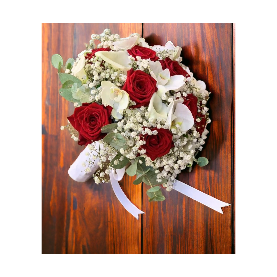 Brudebuket med rød red noami roser, hvid orkide,hvid calla og hvid brudeslør