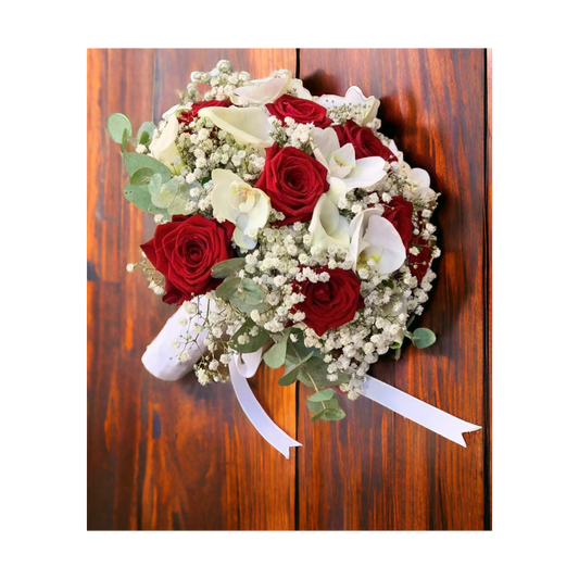 Brudebuket med rød red noami roser, hvid orkide,hvid calla og hvid brudeslør