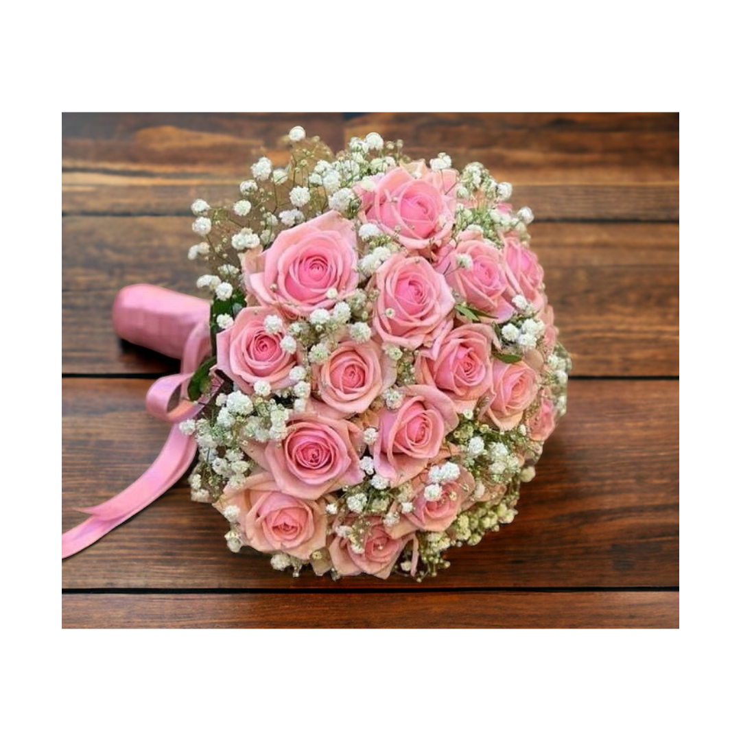 Brudebuket med pink aqua roser og hvid brudeslør