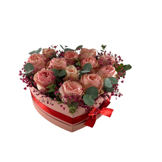 Hjerteformet Æske med rød og lyserøde roser