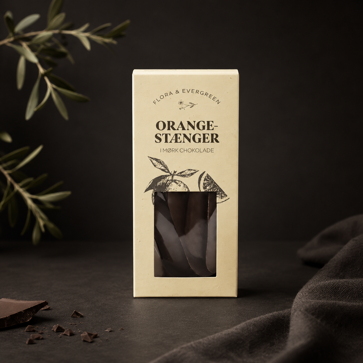 "Orange-Stænger i mørk chokolade"